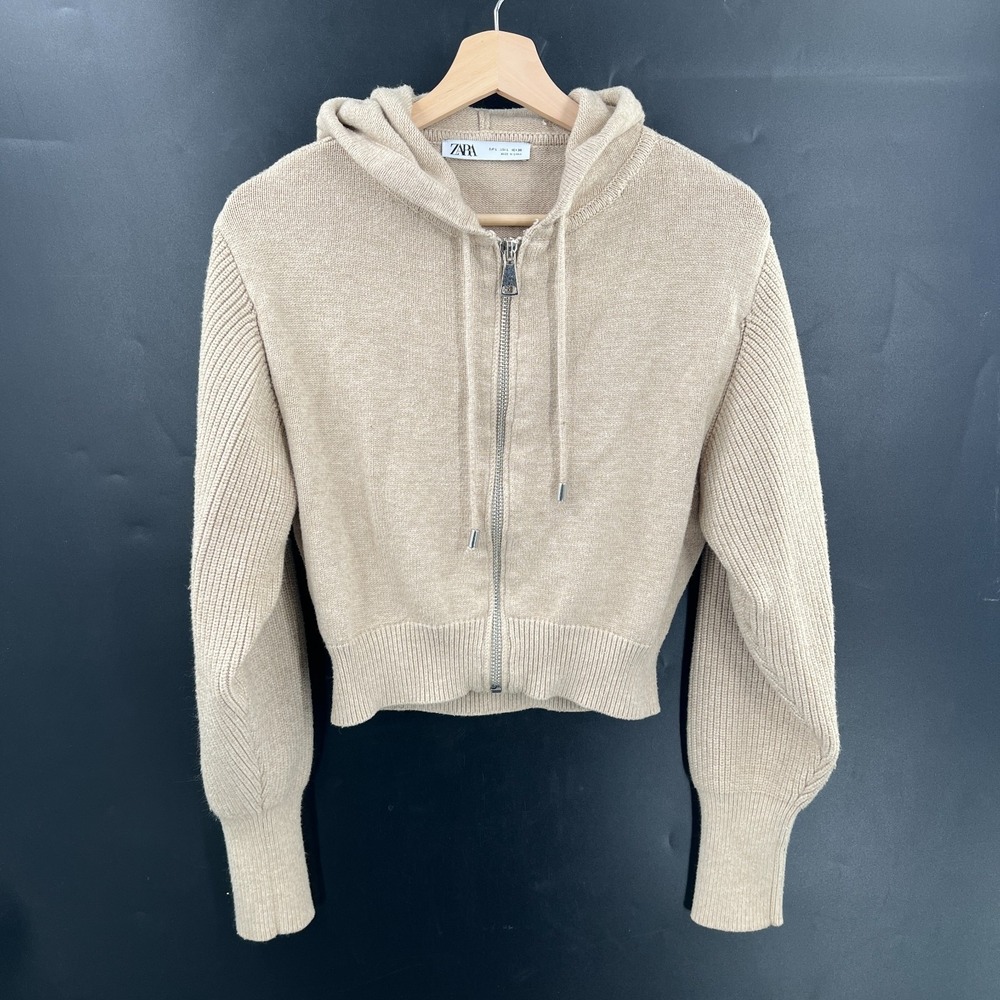 ZARA cropped puff sleeve full zip put cardigan sweater hoodie tan minimalist L